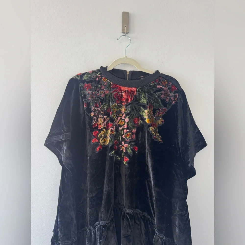 Free People Black Velvet Mini Dress with Red & Green Floral Embroidery